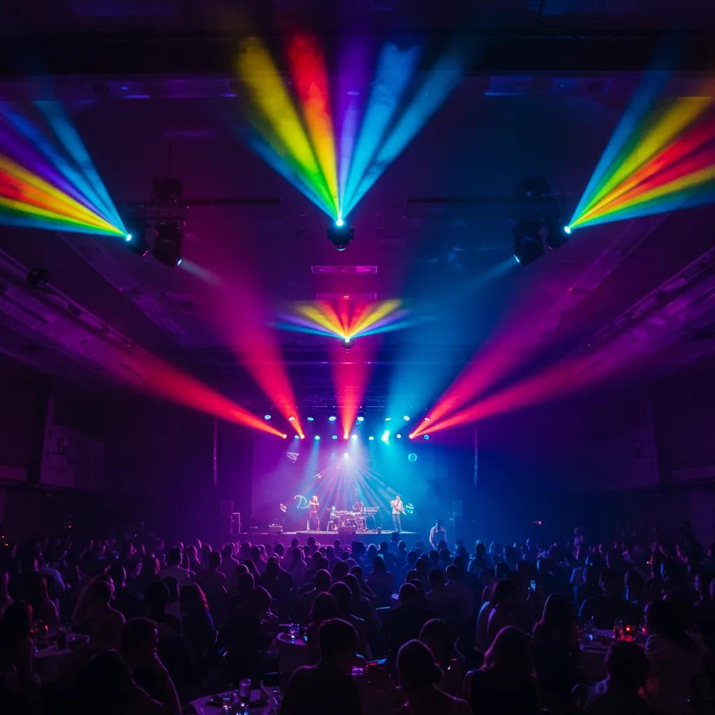 Innovative lighting design enhancing the ambiance of an event with colorful uplighting