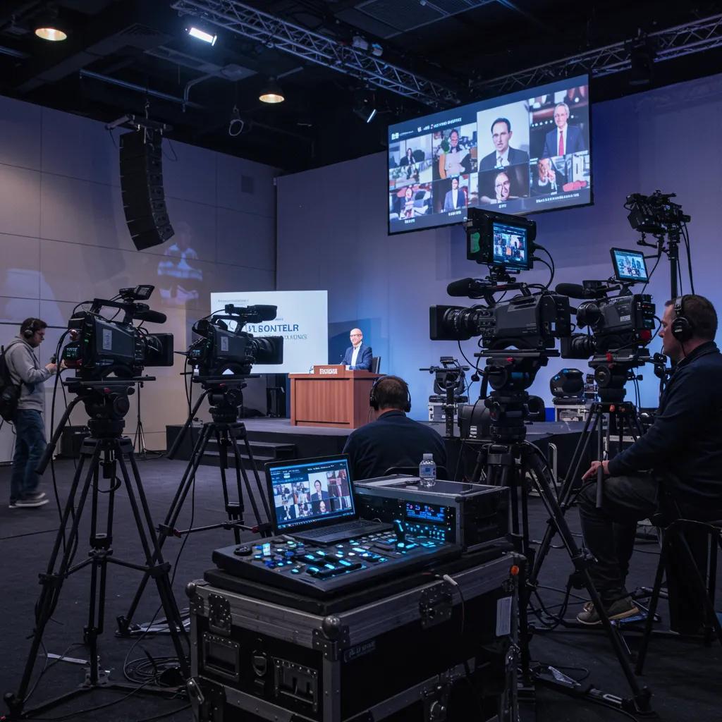 Multi-camera setup capturing a keynote speaker at a business event