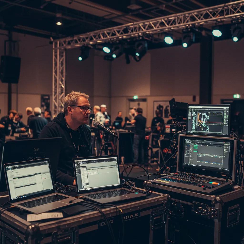 Technical director managing audio, video, and lighting integration during a live event