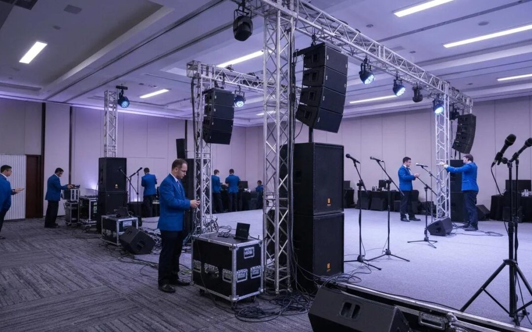 Event production setup with sound equipment, lighting, and technicians in blue jackets preparing for a corporate gathering.