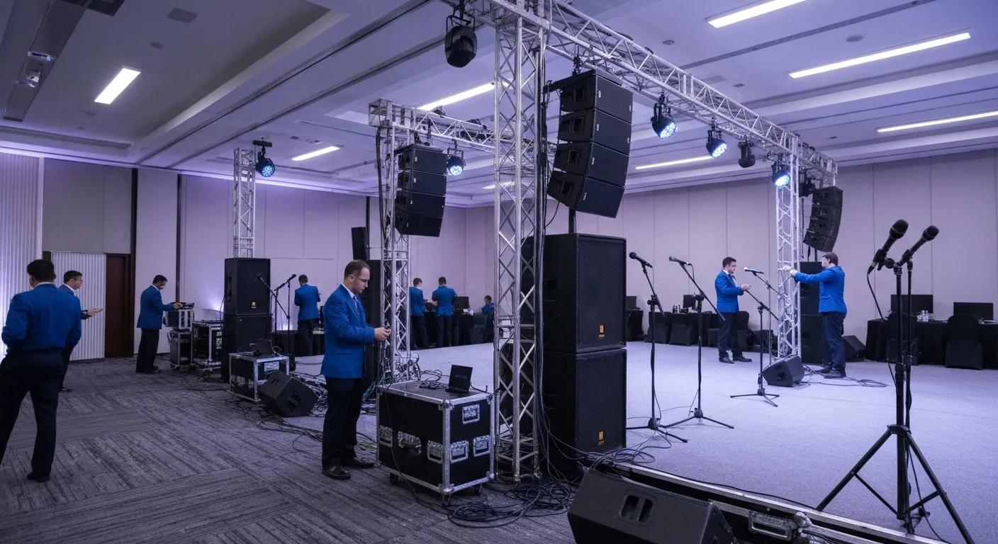 5a28fc16-5d65-46ce-9519-12a8a24642b9.webp Professional sound system setup at a corporate event with speakers, microphones, and technicians