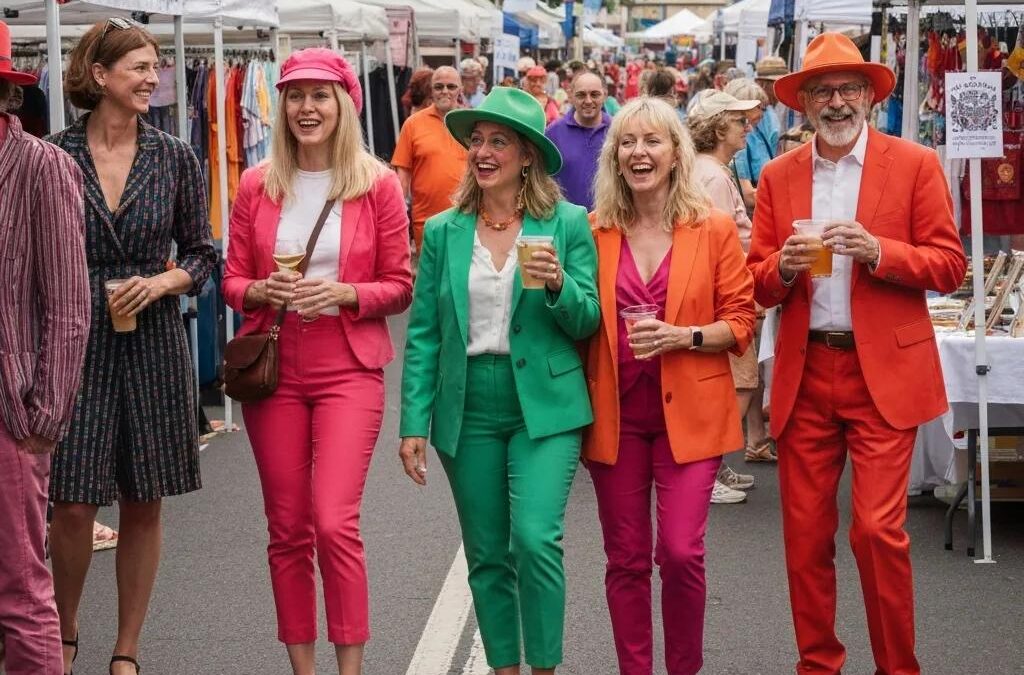 Local event production team setting up a corporate event with audiovisual equipment and colorful lighting, showcasing professional event services by CWP Productions.