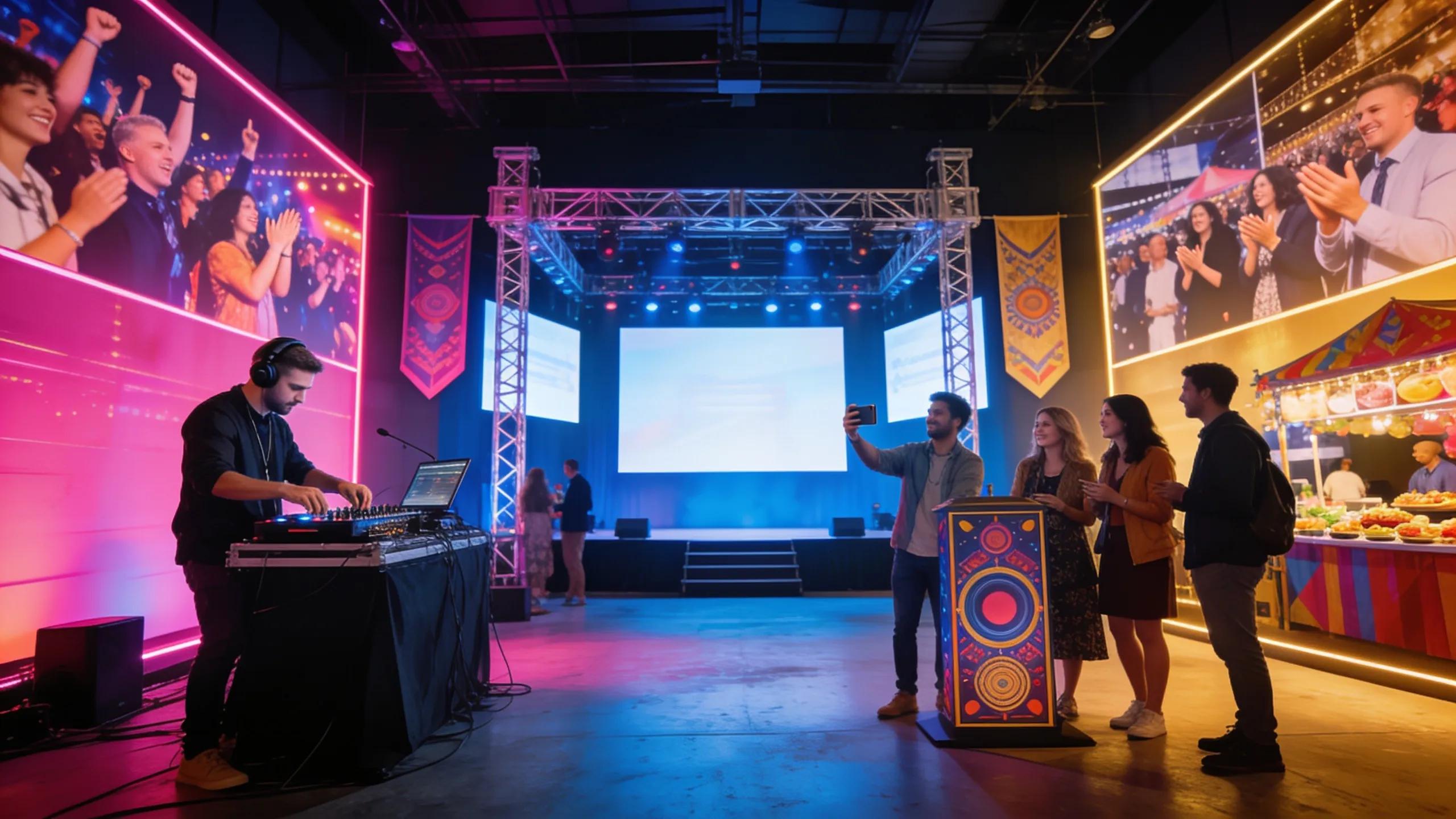 Colorful modular stage rental event setup featuring adjustable stage configurations and audience interaction